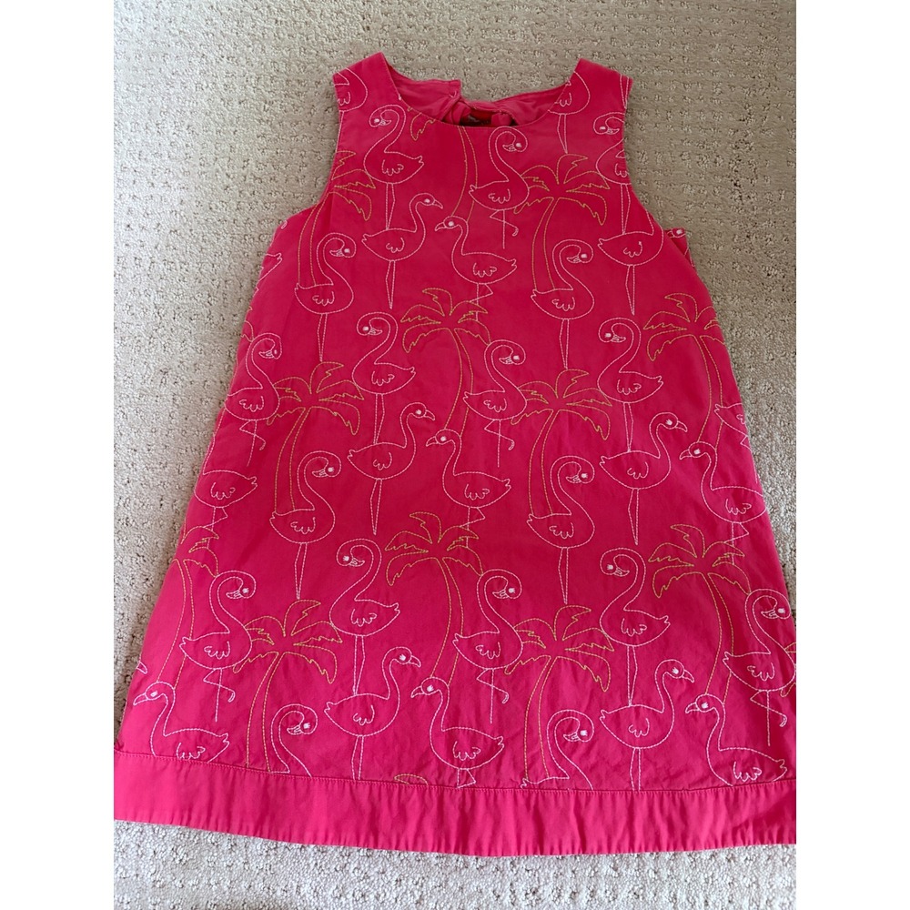 Gymboree Shift Dress Girls 5T Pink Flamingo Palm Tree Embroidered Bow